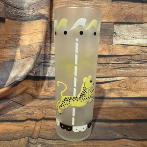Vintage Libbey Frosted Tom Collins Glass Carousel Yellow Leopard MCM Barware